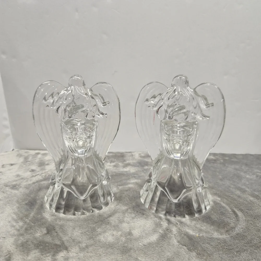Set of 2 Clear‎ Pressed Glass Angel Taper Candle Holders Christmas Decor Vintage